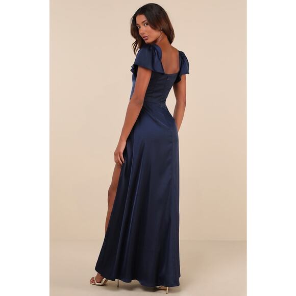 NWT Lulus Ultimate Sweetness Navy Satin Flutter Sleeve Maxi Dress Wedding Sz XL - Picture 3 of 9